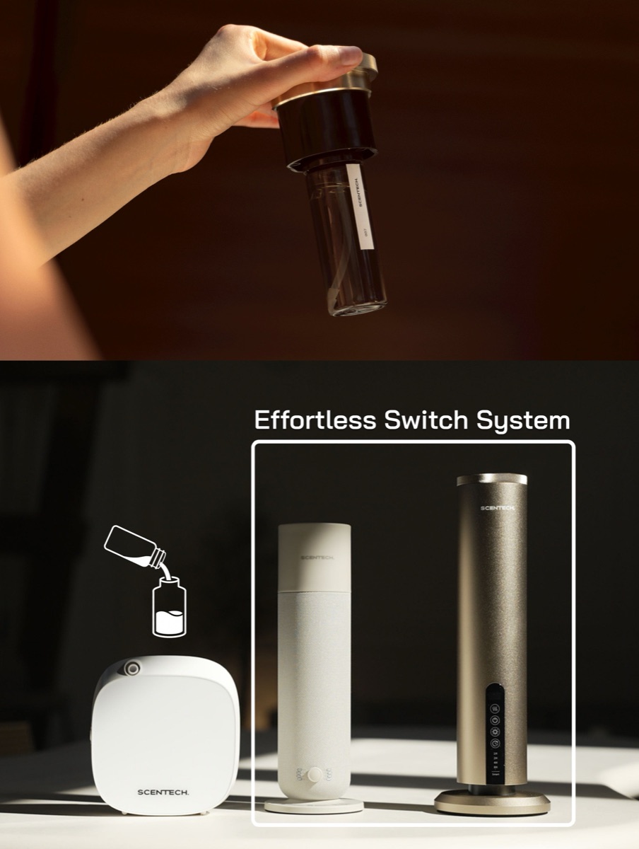 Een ScentPod 2.0 wordt in de Scentech Smart Aroma Diffuser 2 geklikt